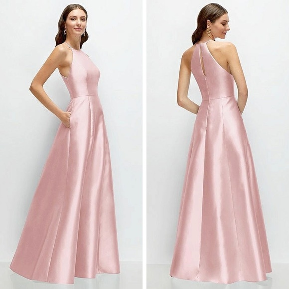 ALFRED SUNG Dresses & Skirts - NWT Alfred Sung Halter A-Line Satin Maxi Dress, Ballet Pink, Pockets, Size 0R